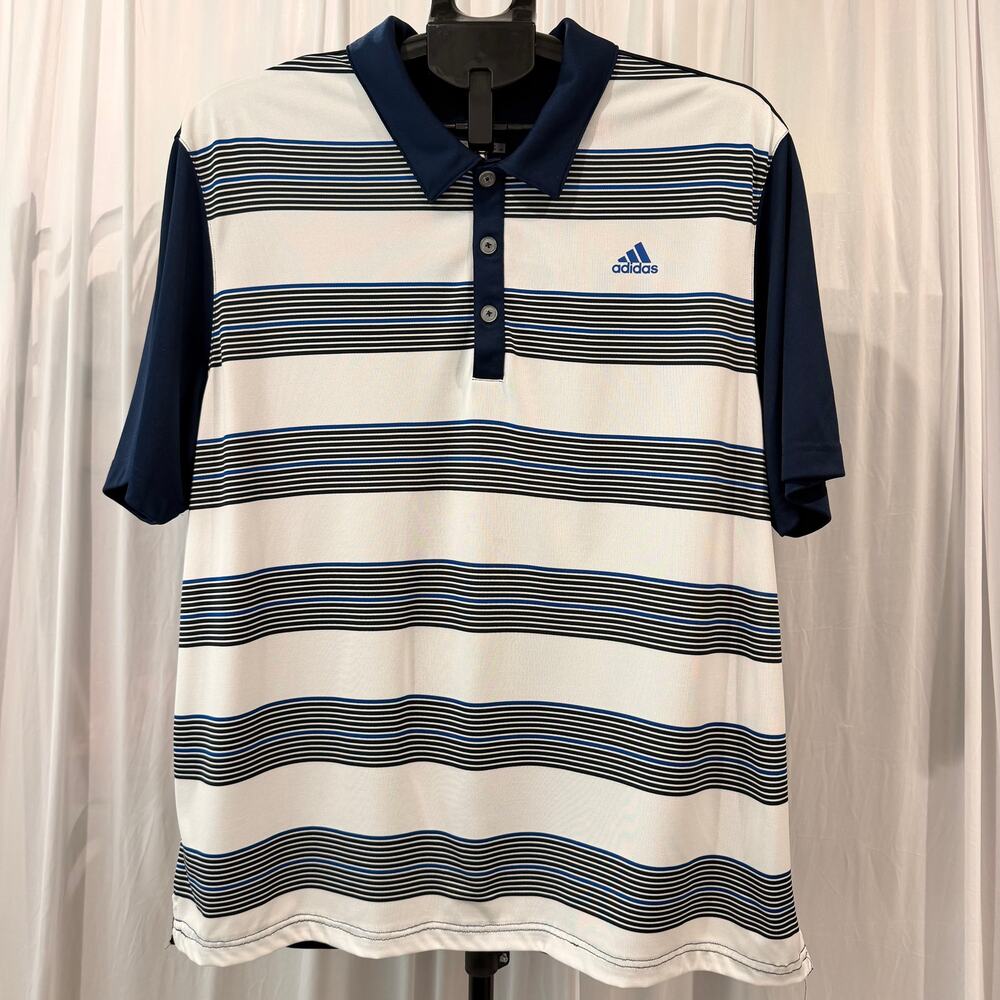 Adidas Golf Men's XL Striped Performance Polo Shirt White Navy Blue Short Sleeve